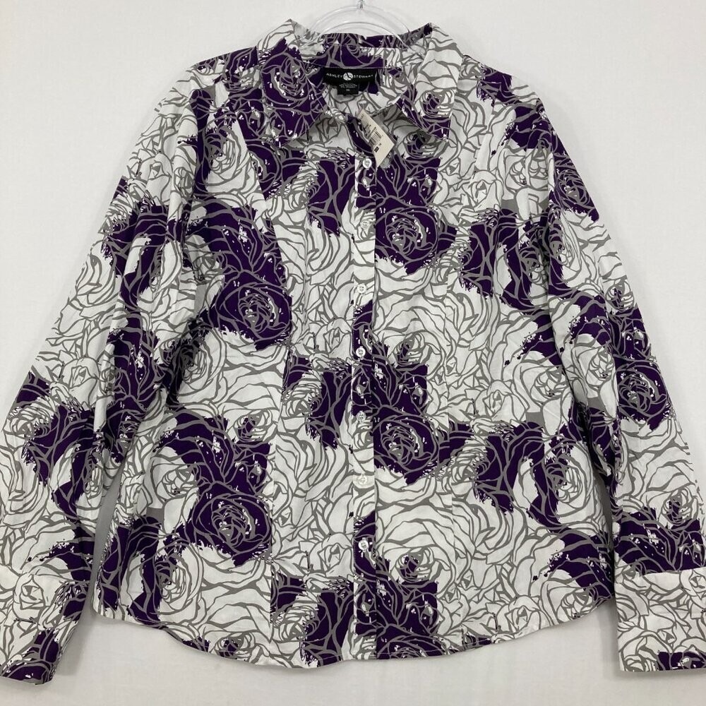 New Ashley Stewart size 16 Purple White Abstract Cotton Blend Button Down Office